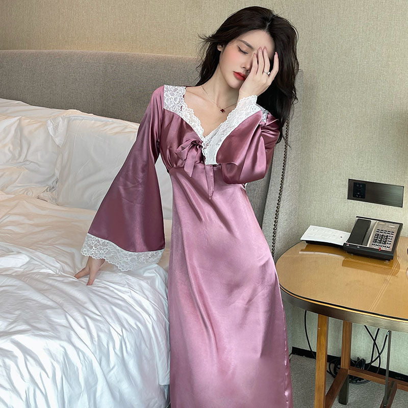 Hostess Senior Ice Silk Nightdress Long Sleeves