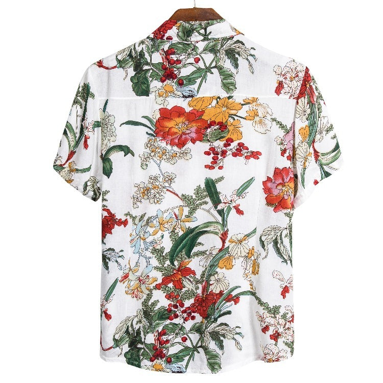 Patterned silk-cotton shirt with short sleeves
