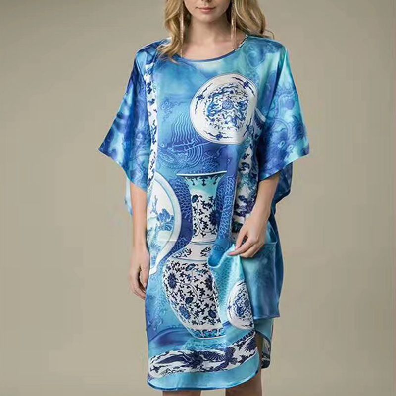 Inkjet Bat Shirt Women's Spring And Summer Home Service New Style Silk Silk Pajamas Nightdress Loose