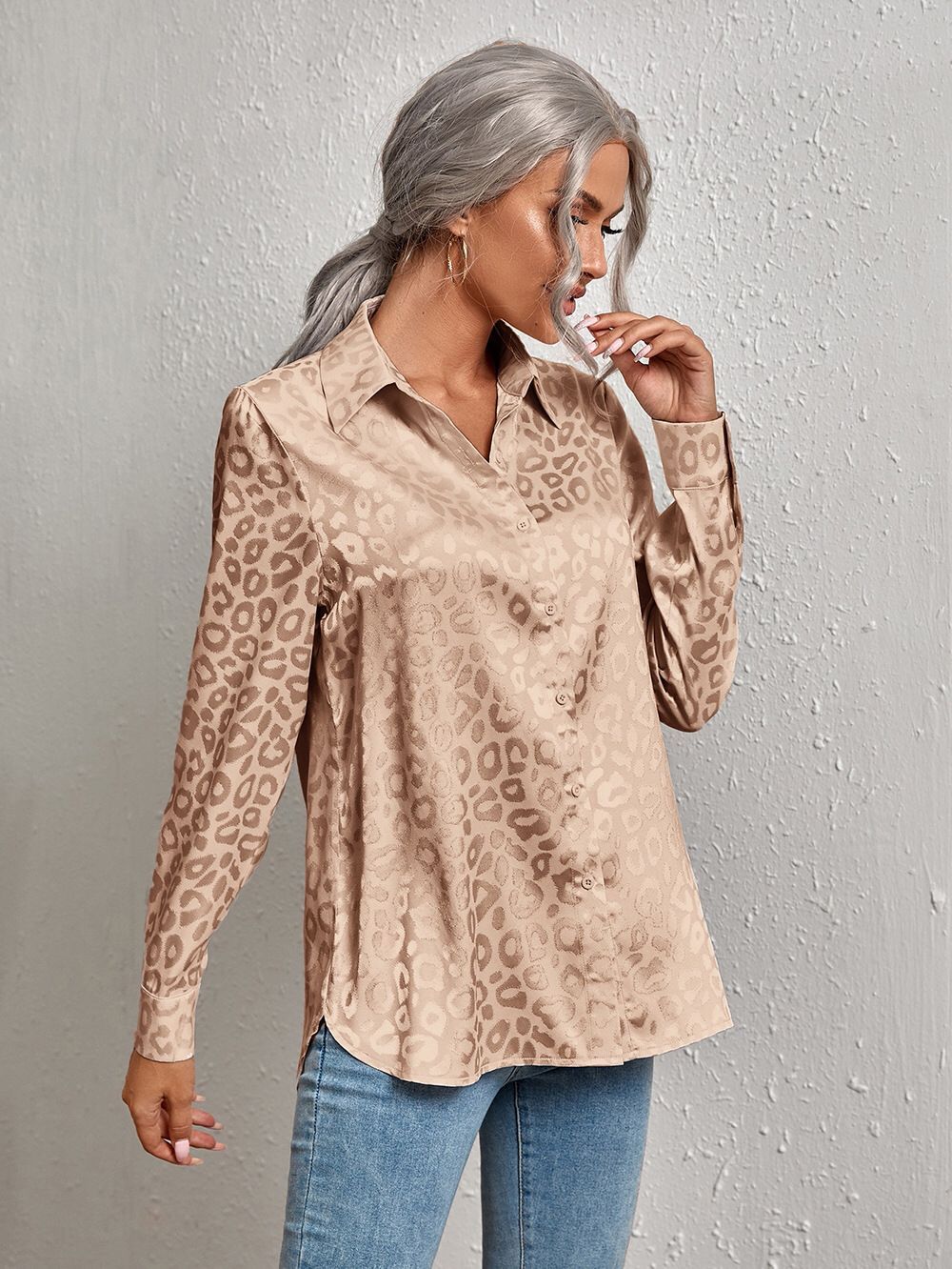 Lapel Button Leopard Jacquard Faux Silk Shirt