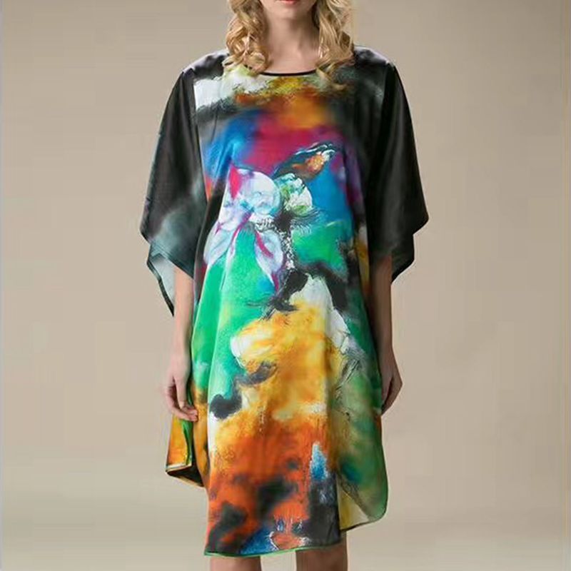 Inkjet Bat Shirt Women's Spring And Summer Home Service New Style Silk Silk Pajamas Nightdress Loose