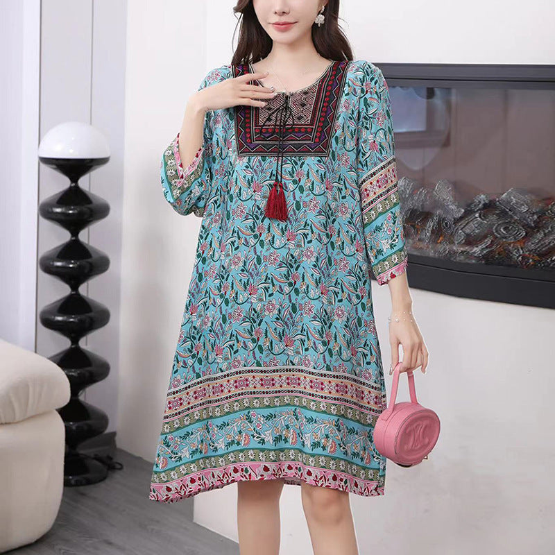 Cotton Silk Floral Dress Vintage Women's Clothing
