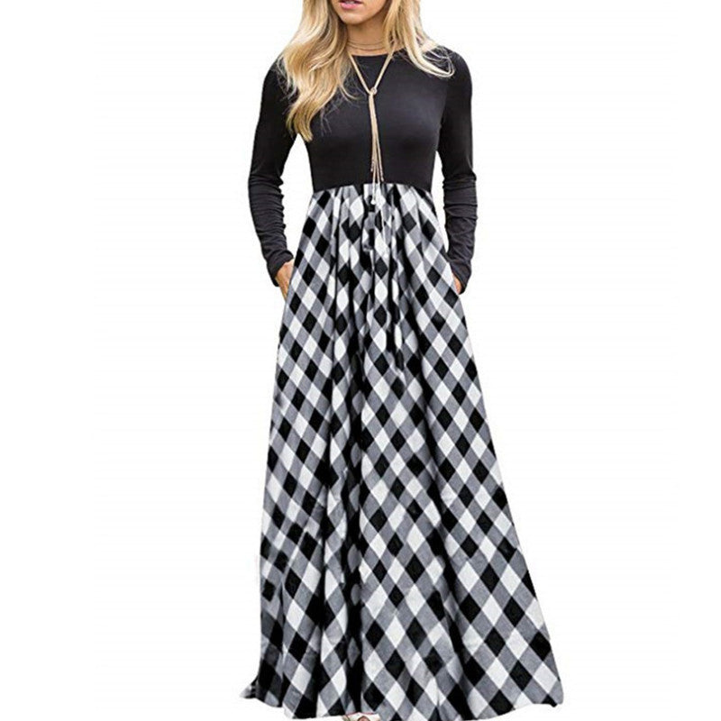Printed Plaid Pocket Milk Silk Round Neck Long Sleeve Big Sleeve Dress