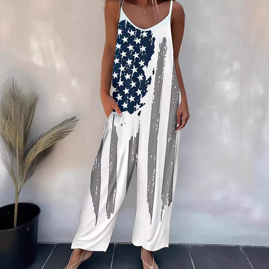 ViviChic™ Printed Suspender Jumpsuit