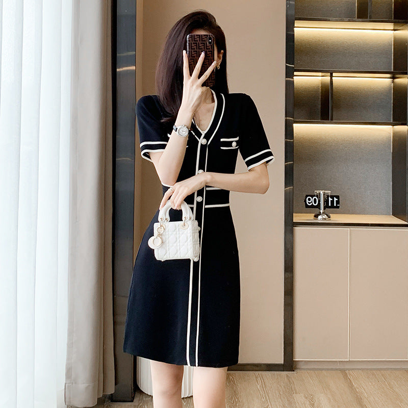 Ice Silk Knitted V-neck High Waist Short Sleeve Slimming A- Line Dress For Women
