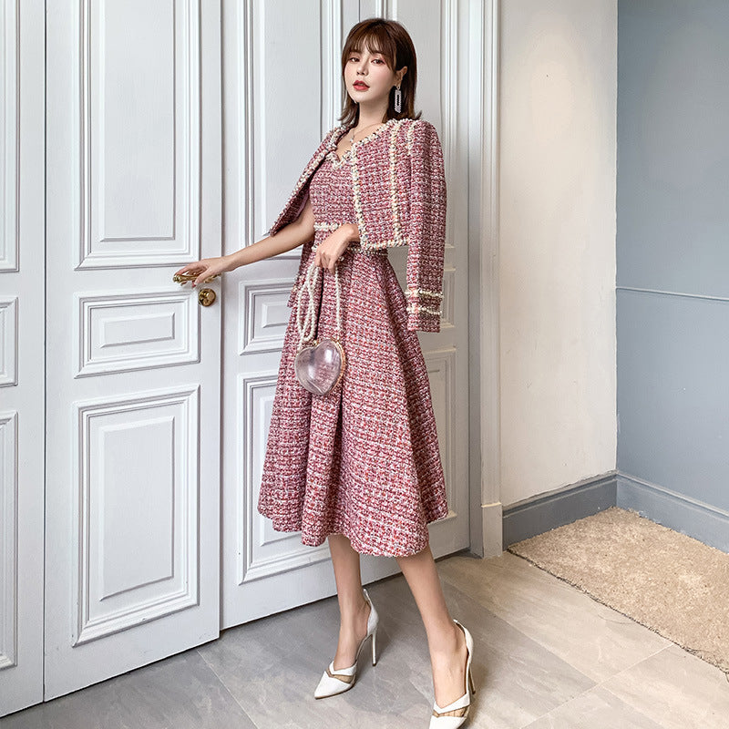 Fashion Ladies Bright Silk Tweed Stitching Ribbon Dress Suit