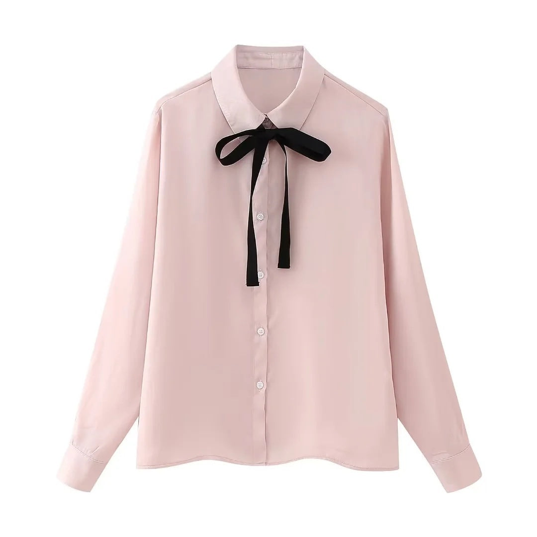 Bowknot Decoration Silk Satin Textured Shirt