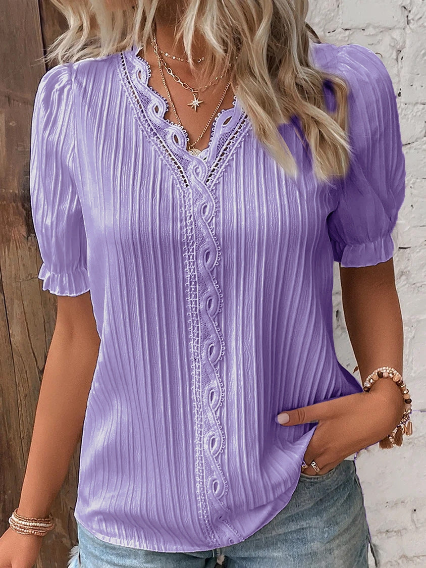 Summer New Vacation Fashion Hollow Short Sleeve Women's Shirt