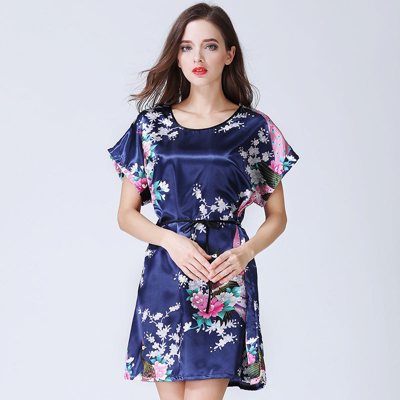 Imitation Silk Nightdress Round Neck And Thin Belt Women's Silk Pajamas