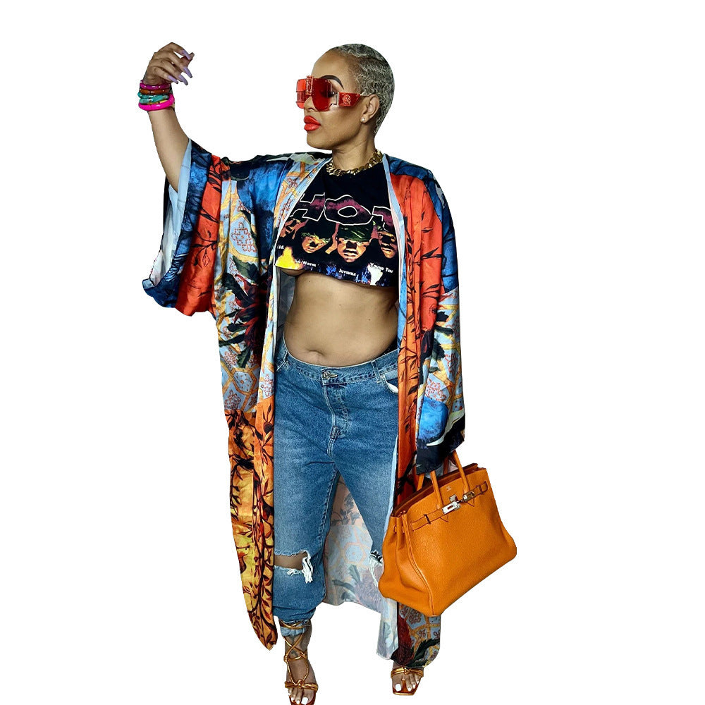 Cardigan Outer Wear Silk Printing Fashion Casual Cloak