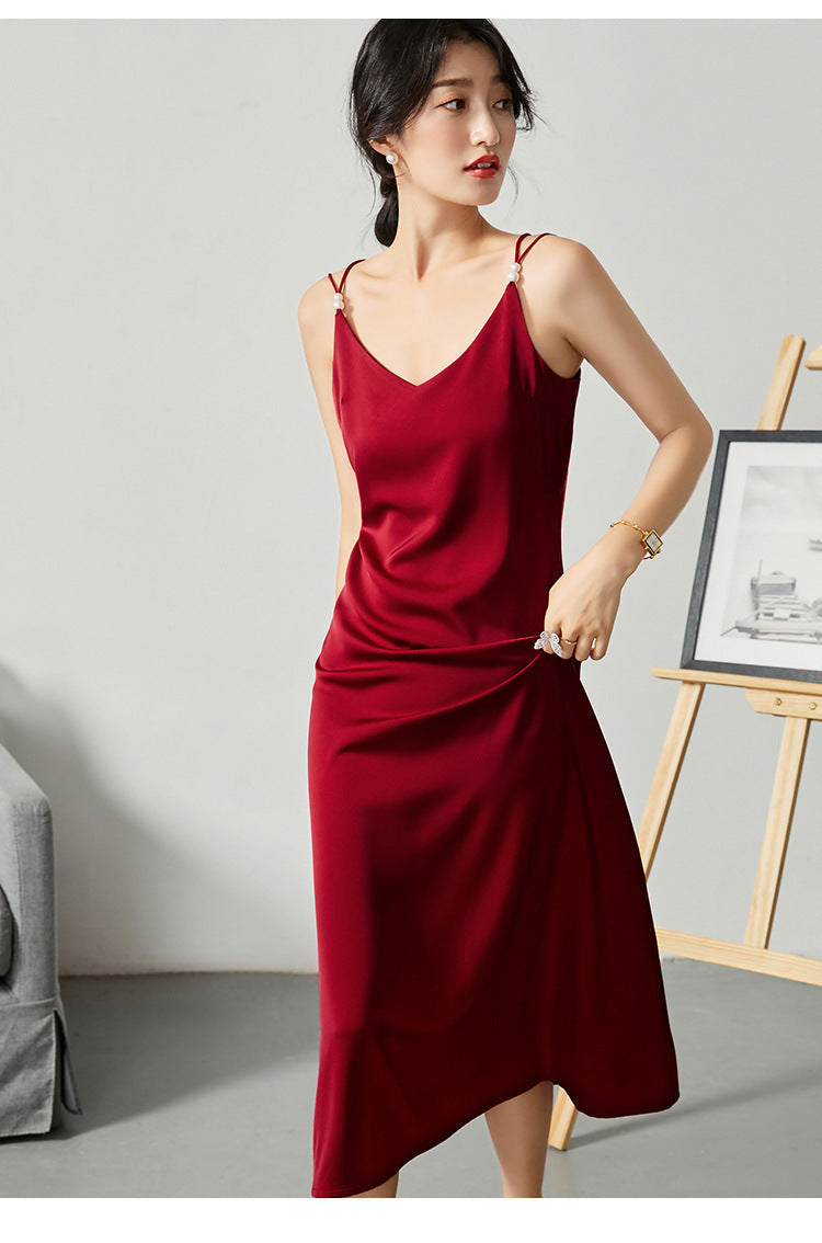 Acetate satin dress V-neck slim high-end temperament silk suspender skirt