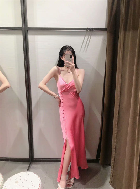 Silk Texture Suspenders Sexy Split Long Dress