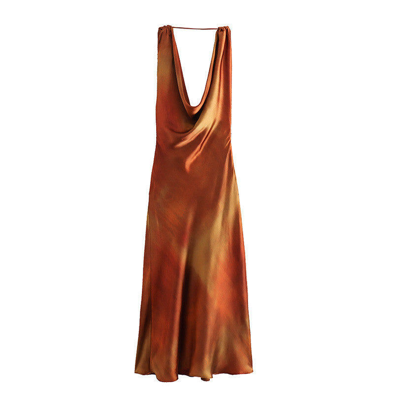 European And American Style Draped Collar Silk Satin Texture Printing Dress