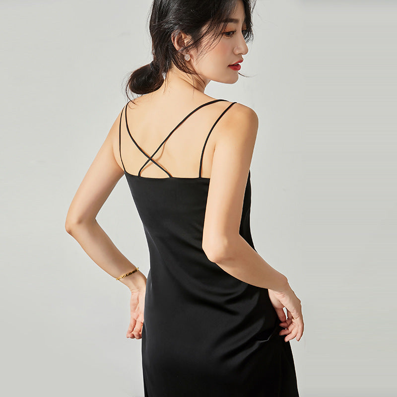 Acetate satin dress V-neck slim high-end temperament silk suspender skirt