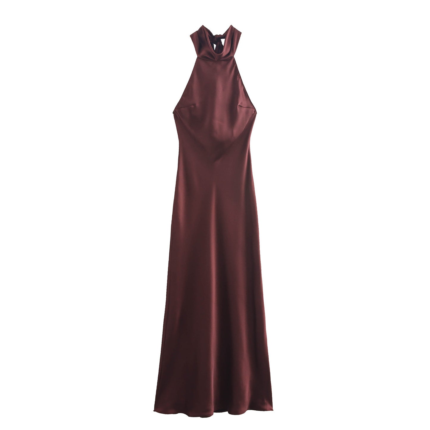 European And American Style Hanging Collar Silk Satin Texture Backless Dress