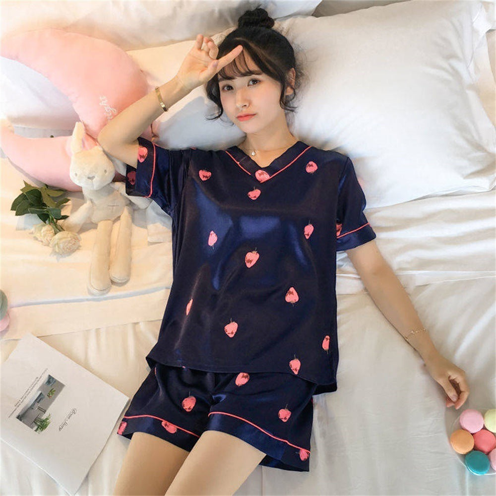 Women's Loose Casual Short Sleeve Ice Silk Pajama Set