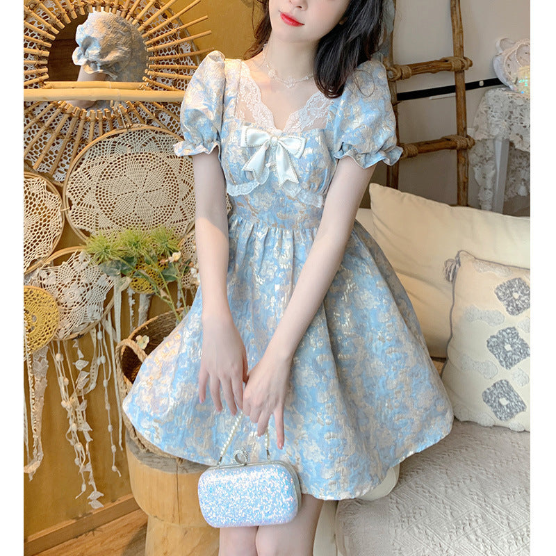 Summer New Holiday Bright Silk Jacquard Bow Dress