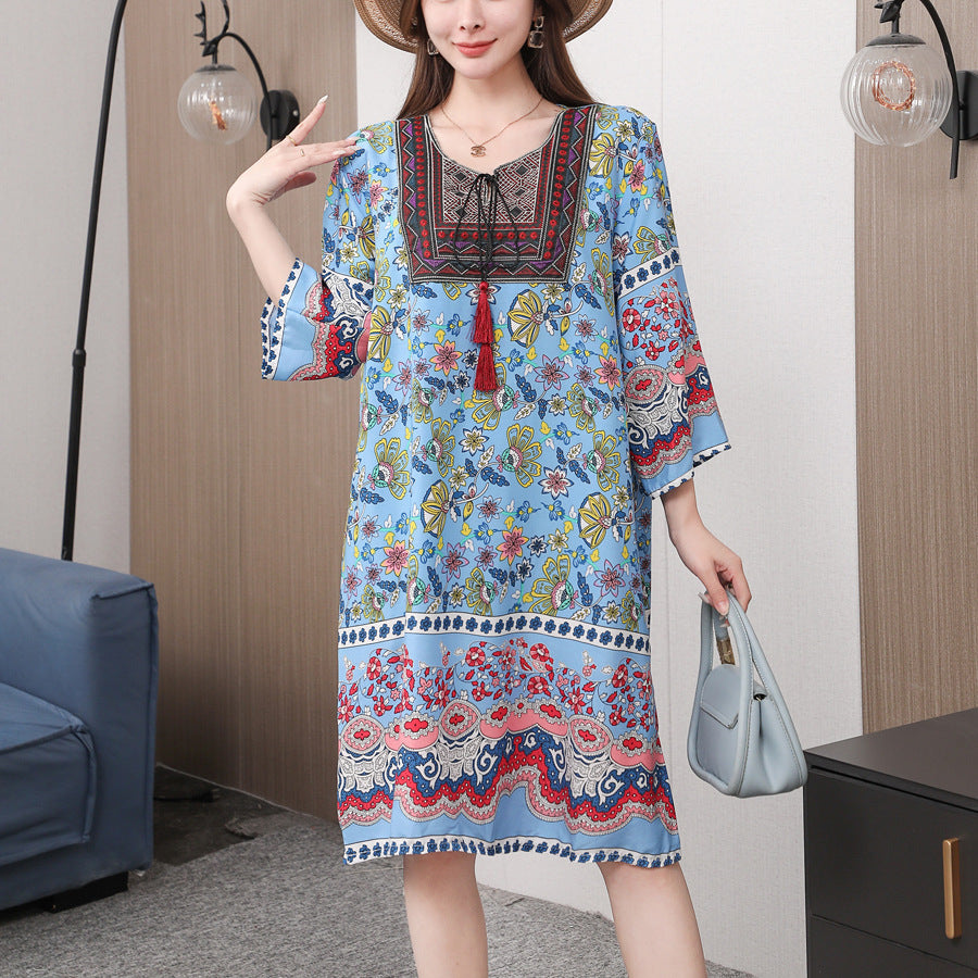 Cotton Silk Floral Dress Vintage Women's Clothing