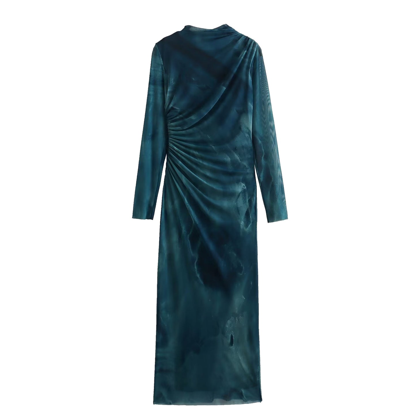 French Silk Net Printed Slim-fit Long Sleeve Dress