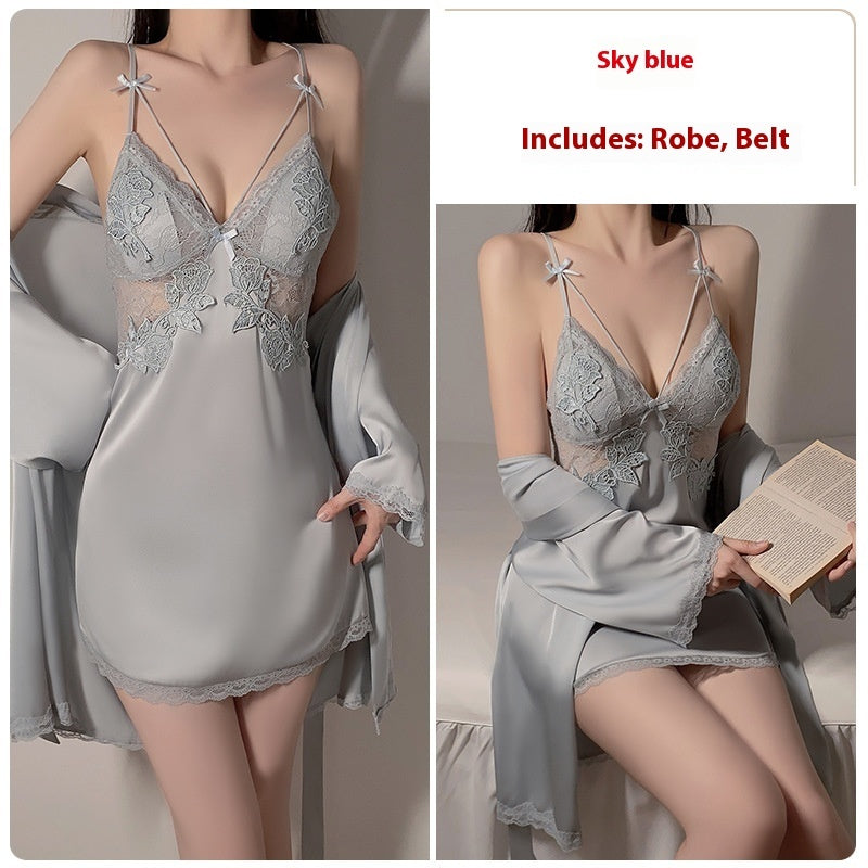 Ruoruo Ice Silk Pure Desire Slip Nightdress Outerwear Gown Suit