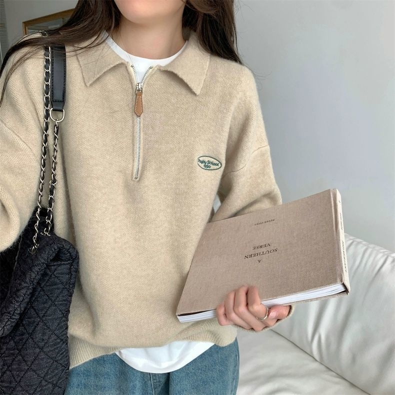 SeoulEase Polo Knit Zip Sweater