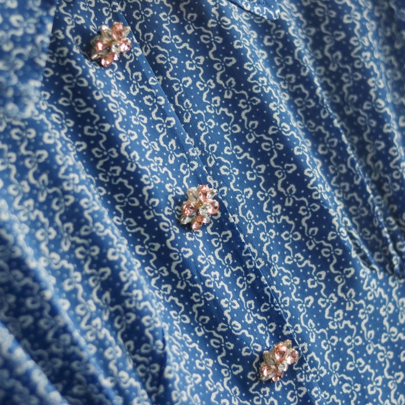 Ladies Blue Small Floral Crystal Button Silk Dress