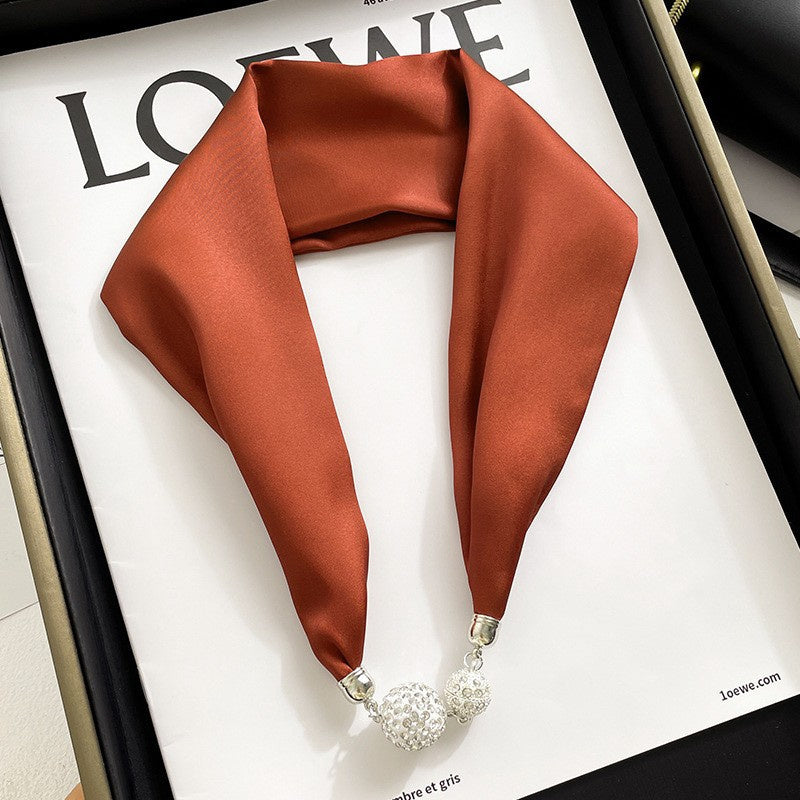 Solid Color Magnetic Button Silk Scarf Necklace Pendant Decoration