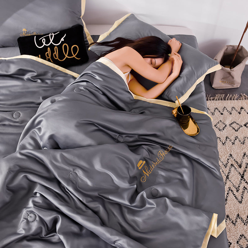 Simple Sheet Fitted Sheet Solid Color Embroidery Washed Silk Summer Quilt Set
