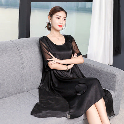 Mom Solid Color Over Knee Faux Silk Dress