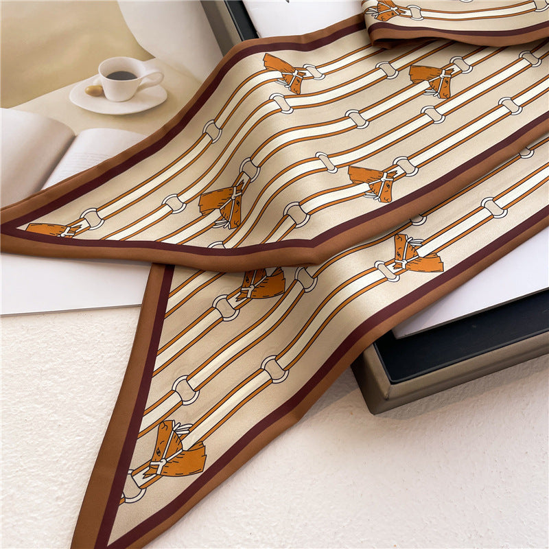 Thin Narrow Long Shirt Scarf Houndstooth Design Double Layer Imitated Silk Scarves Women's Hair Tie