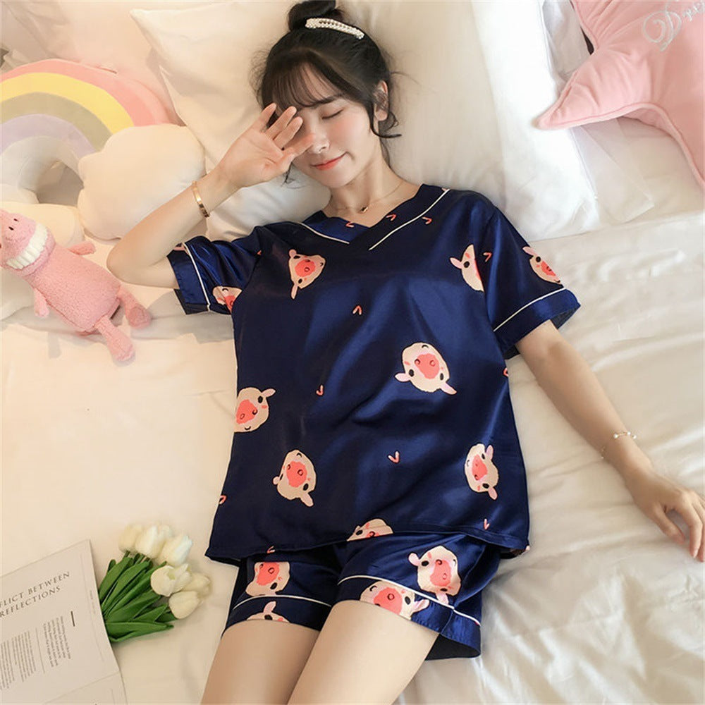 Women's Loose Casual Short Sleeve Ice Silk Pajama Set