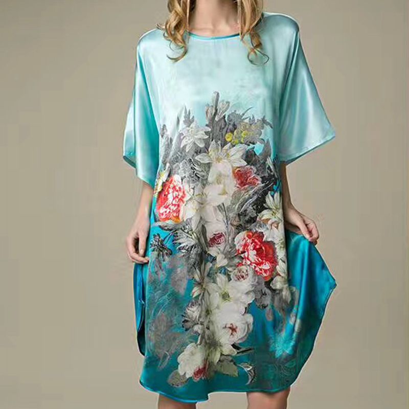 Inkjet Bat Shirt Women's Spring And Summer Home Service New Style Silk Silk Pajamas Nightdress Loose