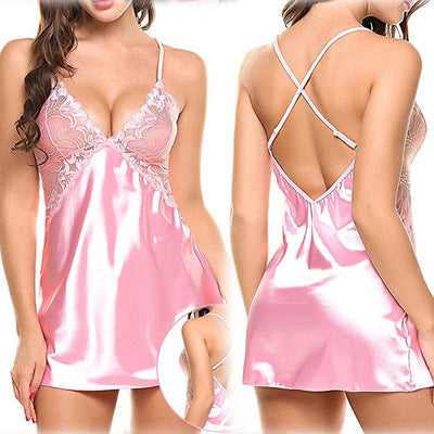 Sexy Ice Silk Back Cross Slip Nightdress Sexy Suit