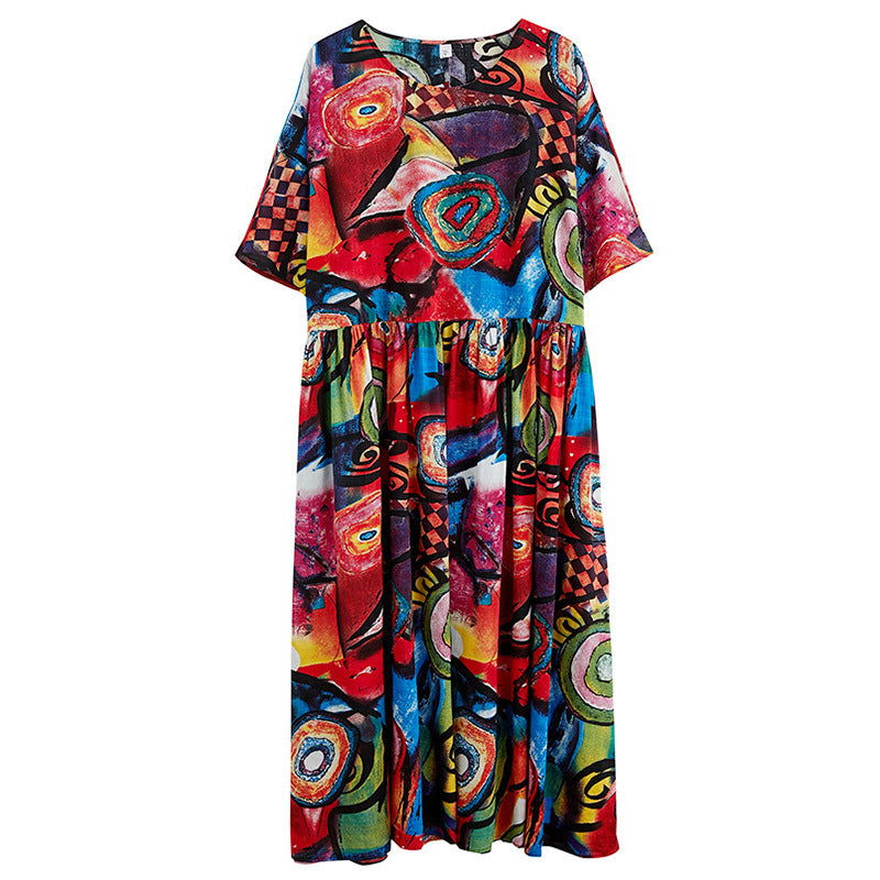 Plus Size Cotton Silk Print Short Sleeve Age-reducing Dress