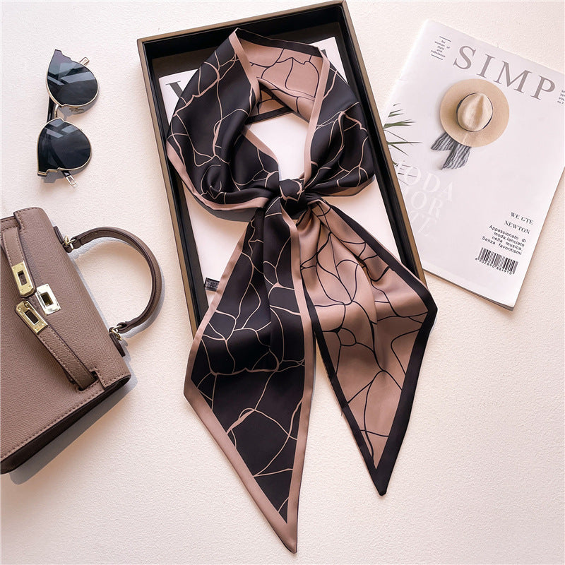 Thin Narrow Long Shirt Scarf Houndstooth Design Double Layer Imitated Silk Scarves Women's Hair Tie