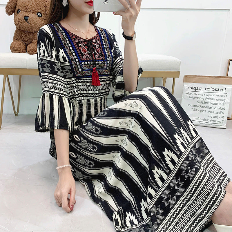 Skirt Crew Neck Ruffle Half Sleeve Cotton Silk Dress