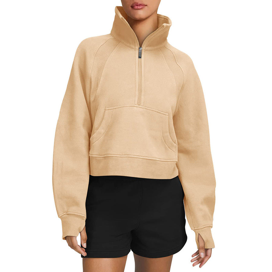 Autumn And Winter Fleece Sweater Half Zipper Coat Stand Collar Pocket European And American Style Women Sweater