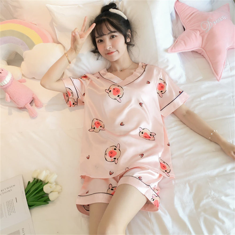 Women's Loose Casual Short Sleeve Ice Silk Pajama Set