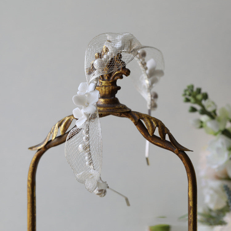 Bridal Netting Silver Silk Thread Ceramic Hard Porcelain White Floral Tiara