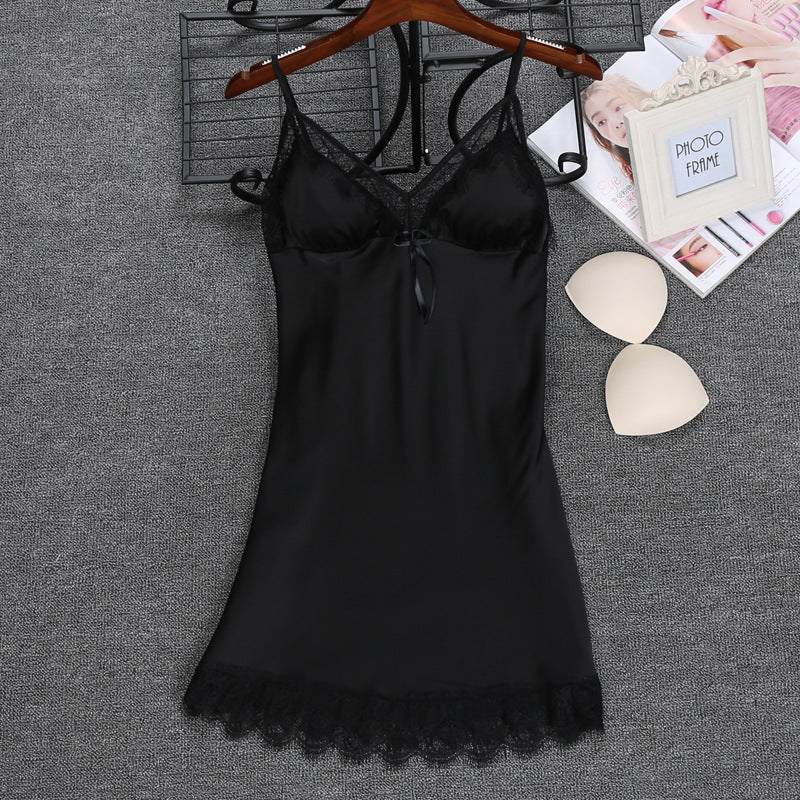 Ice Silk Sling Nightdress Solid Color With Chest Pad