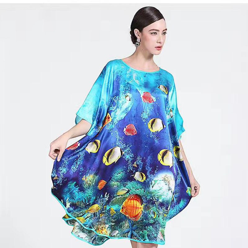 Inkjet Bat Shirt Women's Spring And Summer Home Service New Style Silk Silk Pajamas Nightdress Loose