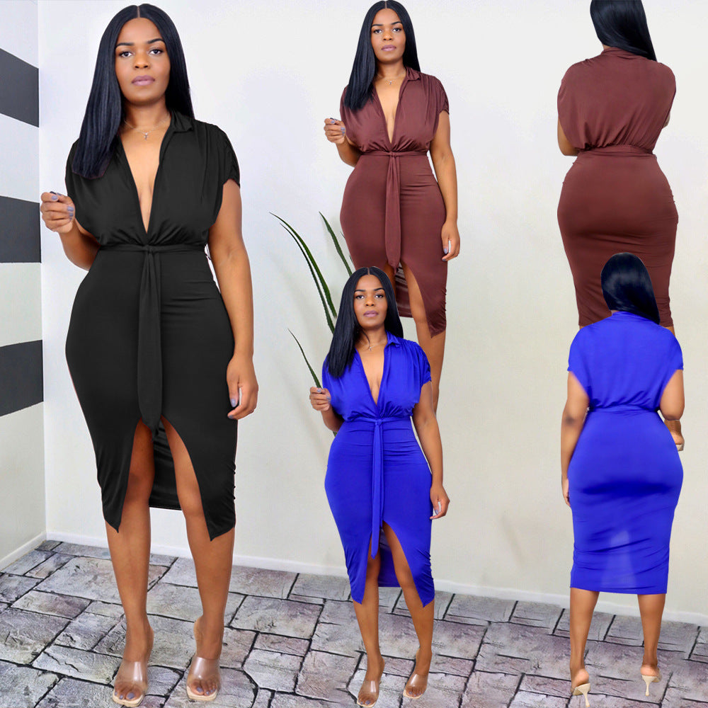 New Women's Milk Silk Skirt V-neck Irregular Dress