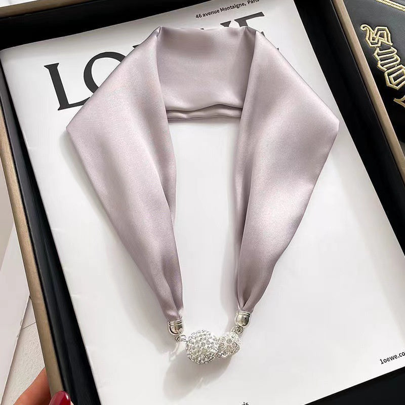 Solid Color Magnetic Button Silk Scarf Necklace Pendant Decoration