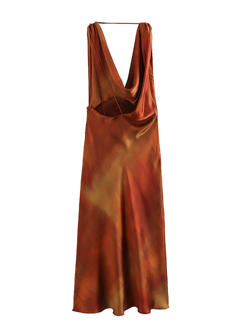 European And American Style Draped Collar Silk Satin Texture Printing Dress