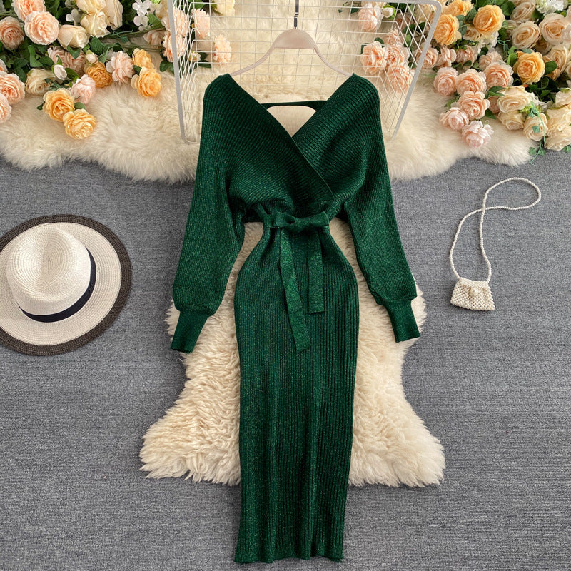 Fashionable And Simple V-neck Bright Silk Knitted Dress