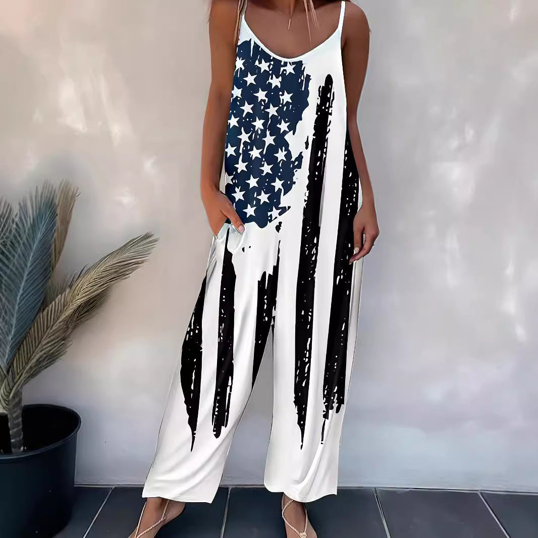 ViviChic™ Printed Suspender Jumpsuit