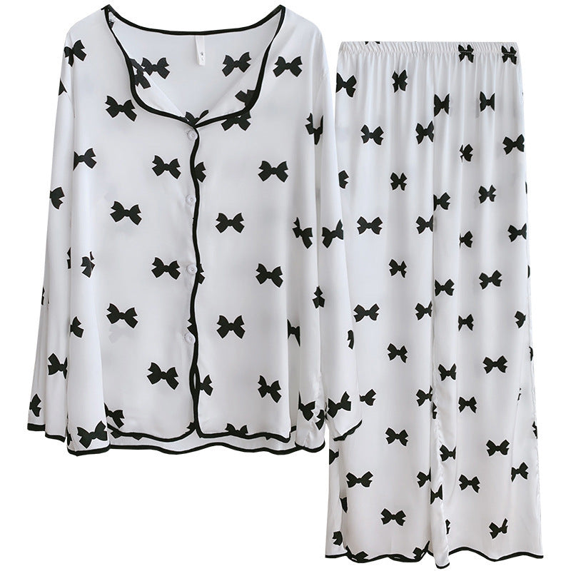 Women's Ice Silk Thin Suit Long Sleeve Bow Print Homewear