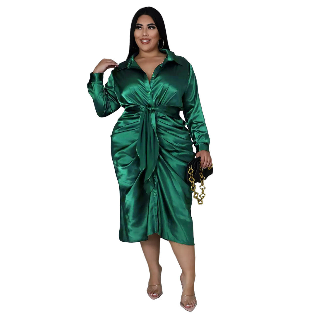 Large Size Women's Reflective Silk Pleated Lace-up Shirt Dress