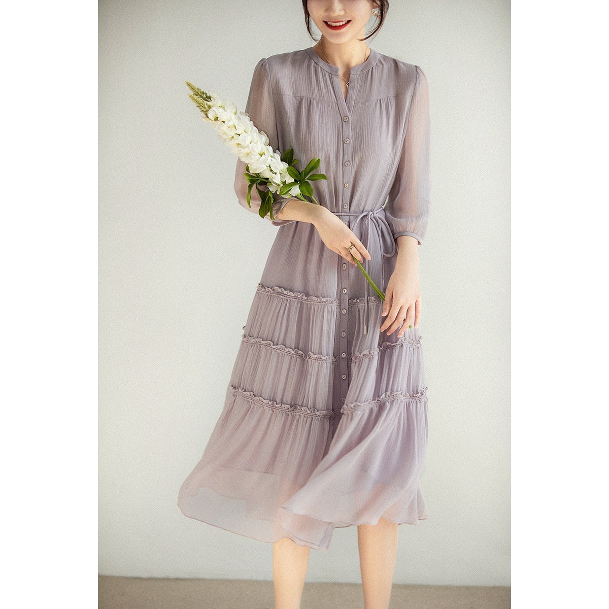 Light Smoked Purple Silk Gathered Lace-Up Dress