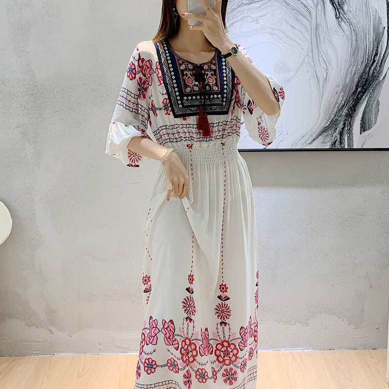 Skirt Crew Neck Ruffle Half Sleeve Cotton Silk Dress